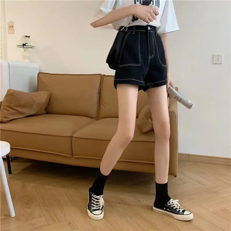 New Women Black Stitches High Waist Denim Shorts Summer Fashion Solid Colors Jeans Shorts All-Match Preppy Style Chi Girls Wears