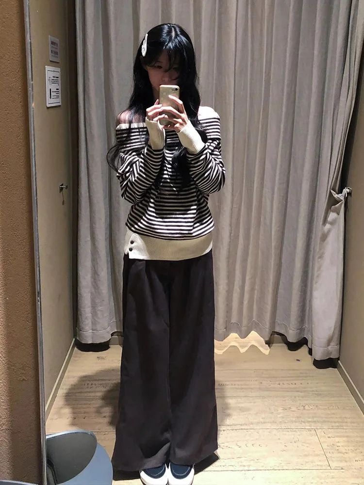 أوائل الخريف طويلة Sve المرأة تي شيرت الكورية Sle كسول مخطط واحد الكتف محبوك أعلى تخفيف Sle فضفاضة تناسب النسيج الناعم