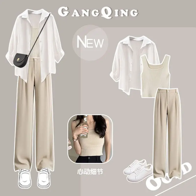 Spring/Summer Set Women's New Korean Edition Wearing Sunscreen Shirt with Hanging Straps and Casual Suit Pants Three Piece Set