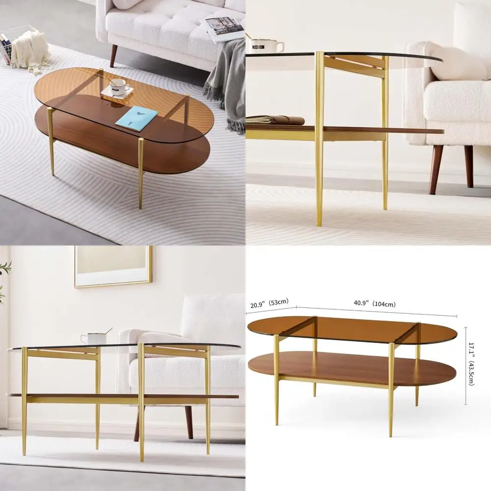 Mid-Century Oval Glass Coffee Table with Amber Top, 2-Tier Living Room Furniture, 41L x 21W x 17H