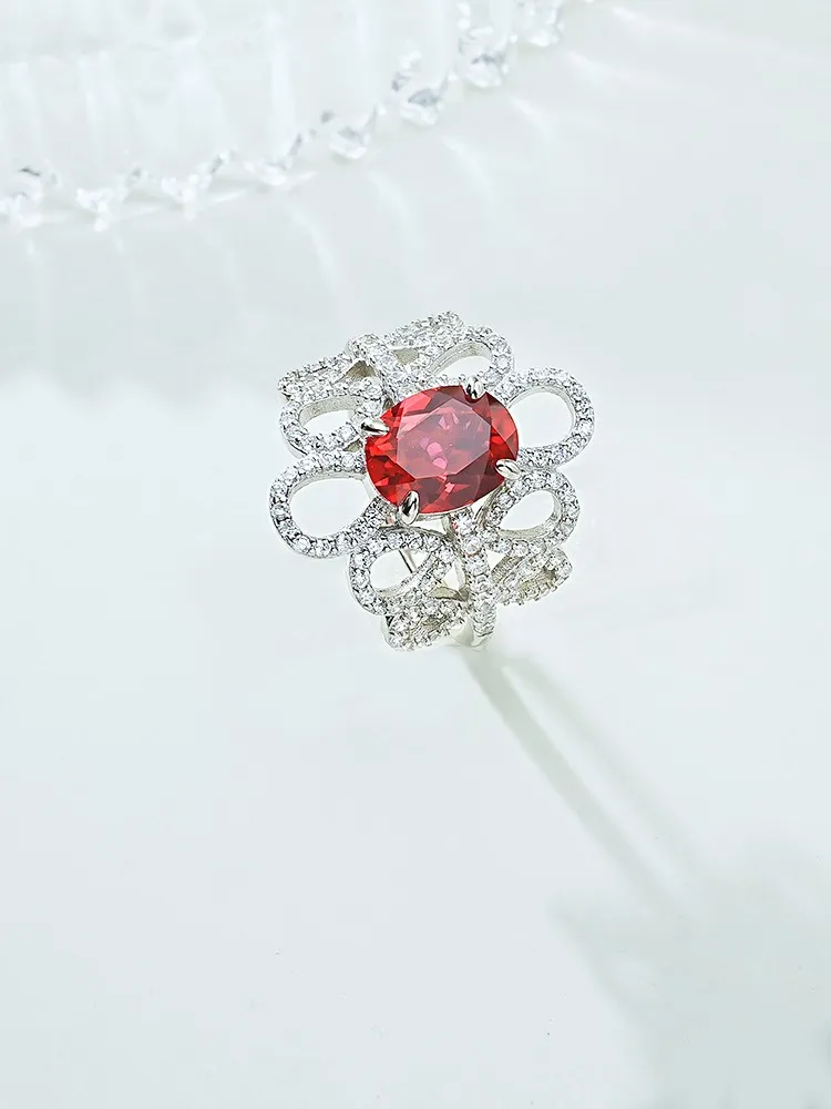 New Seiko Flower Red Treasure 925 Silver Ring Set with High Carbon Diamonds, Unique Design, Versatile for Women