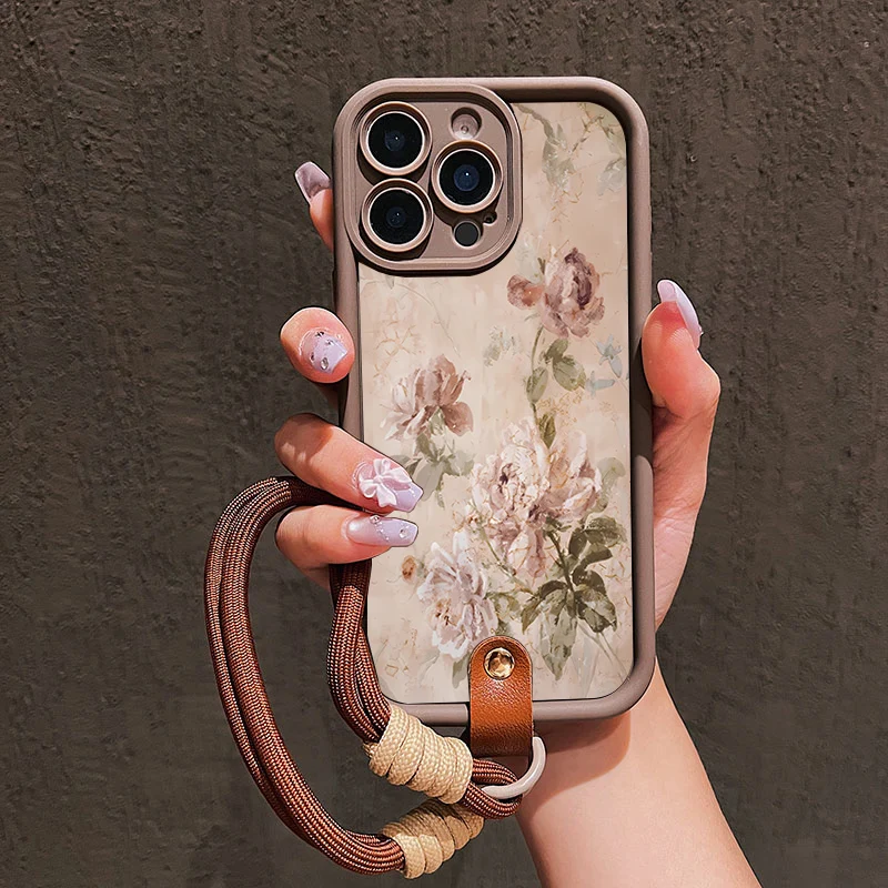 Ölgemälde-Blumenmuster Lanyard-Handyhülle für iPhone 14 15 16 17ProMax 15 14 13 Pro Plus Stoßfeste Matte Silikonhülle – Detail 1