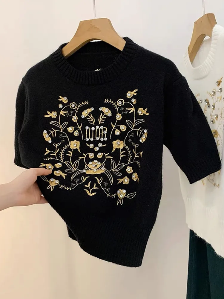 SMTHMA New Fashion Luxury Beaded Embroidery Short Sleeved Knitted Sweater For Women 2024 Spring Summer O-Neck Pullover Top