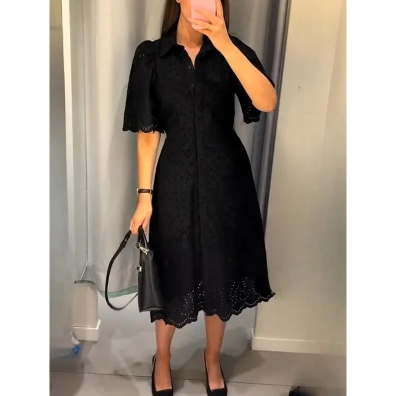 ผู้หญิงRetroฤดูร้อนMidiเสื้อHollowเย็บปักถักร้อยLace-Up Bowknot ElegantหลวมStreetwearเสื้อผ้า