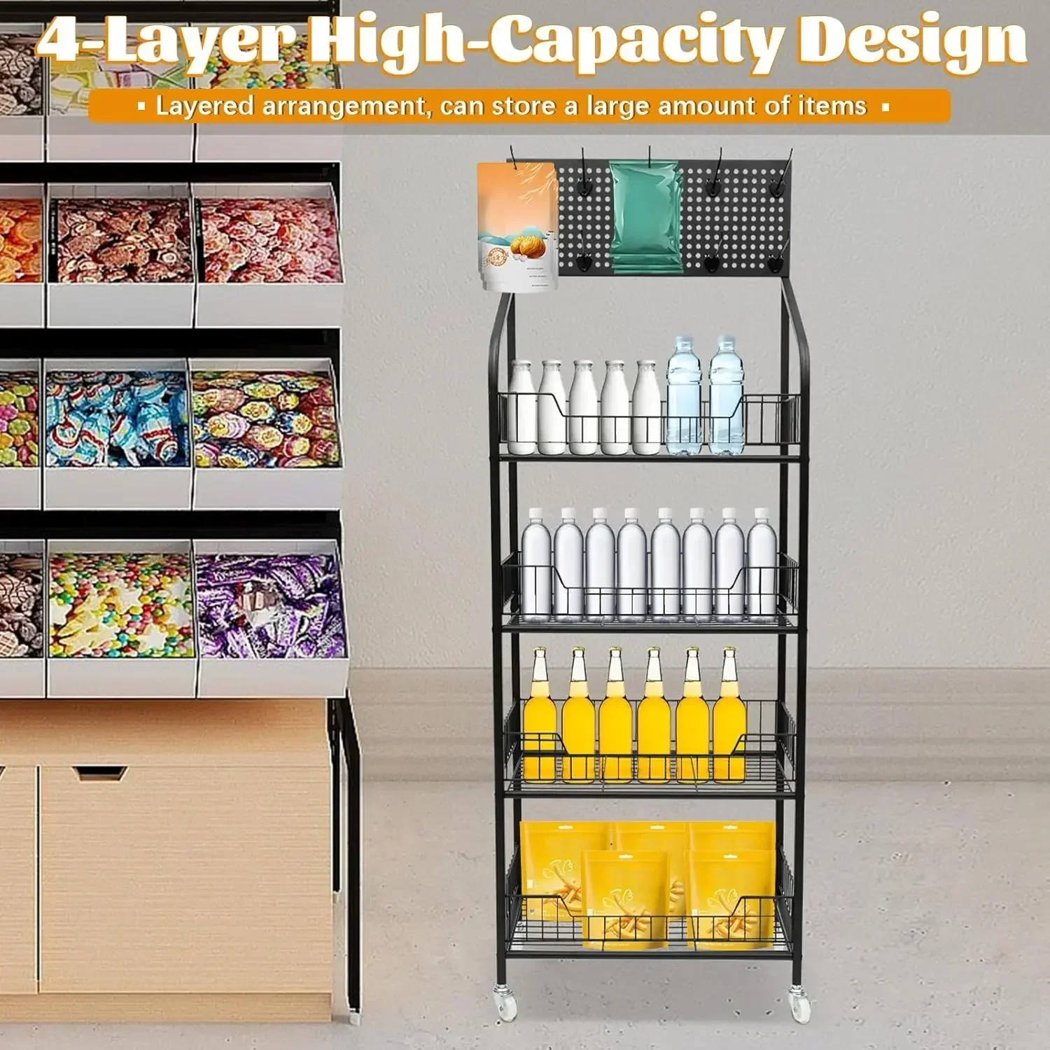 4-Tier Metal Wire Storage Shelf Display Rack with Wheels, Retail Display Rack Stand, Snack Rack, Basket Stand Cart