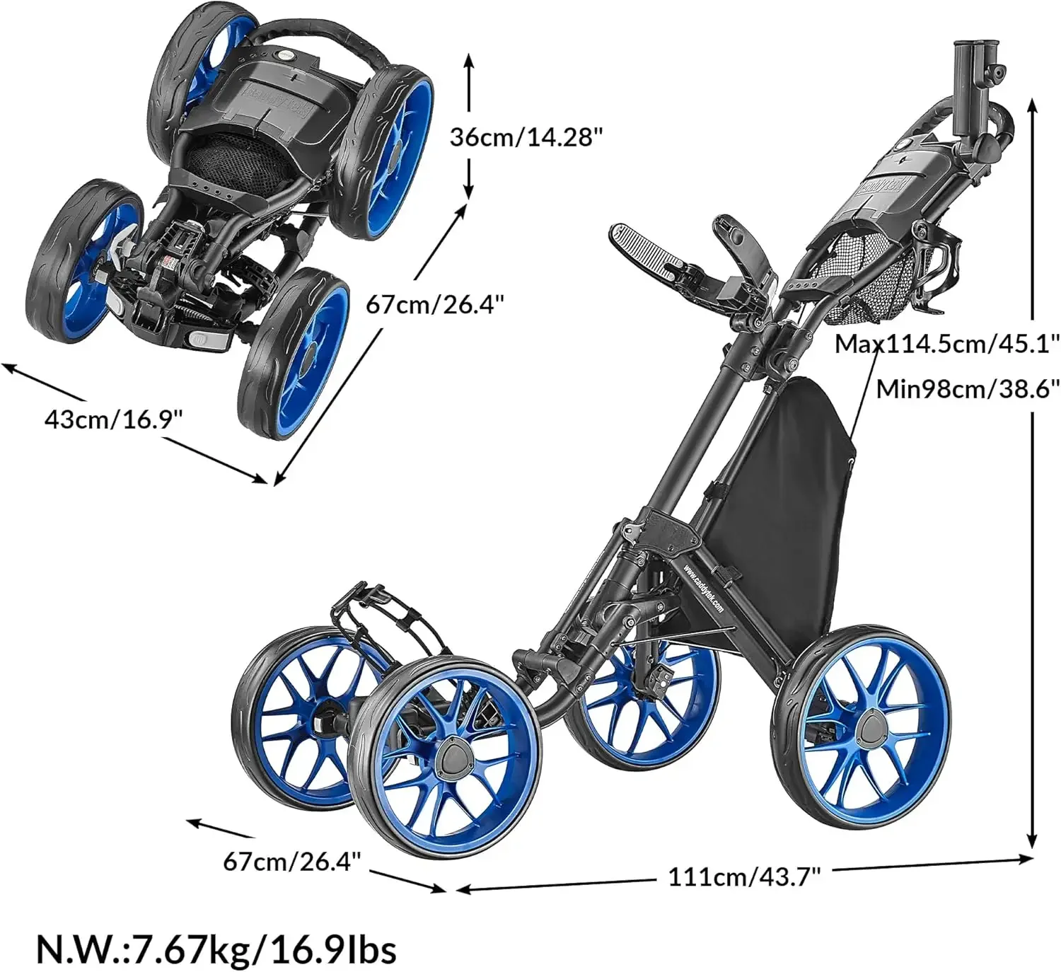 4 Wheel Golf Push Cart - One Version 8 1-Click Folding Trolley - Lightweight, Compact Pull Cart