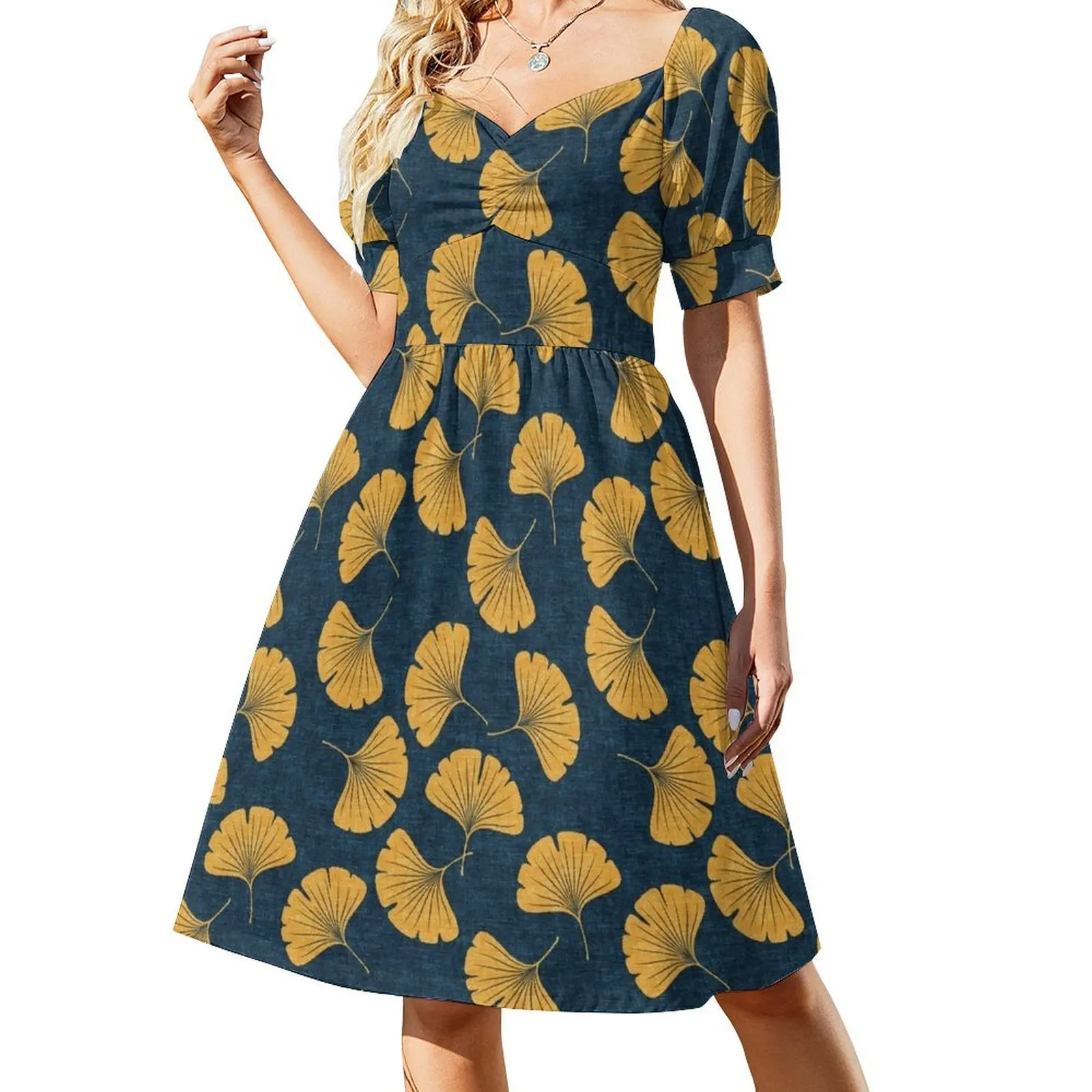 Ginkgo biloba - gingko leaves - blue Short Sleeved Dress Elegant gowns Women's summer dress Dress
