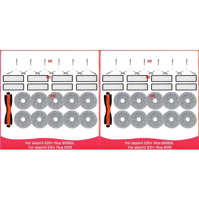 

AS60-2 Set For Xiaomi Robot Vacuum S20+ Plus B108GL / S10+ Plus B105 Parts Main Roller Side Brush Hepa Filter Mop Cloth