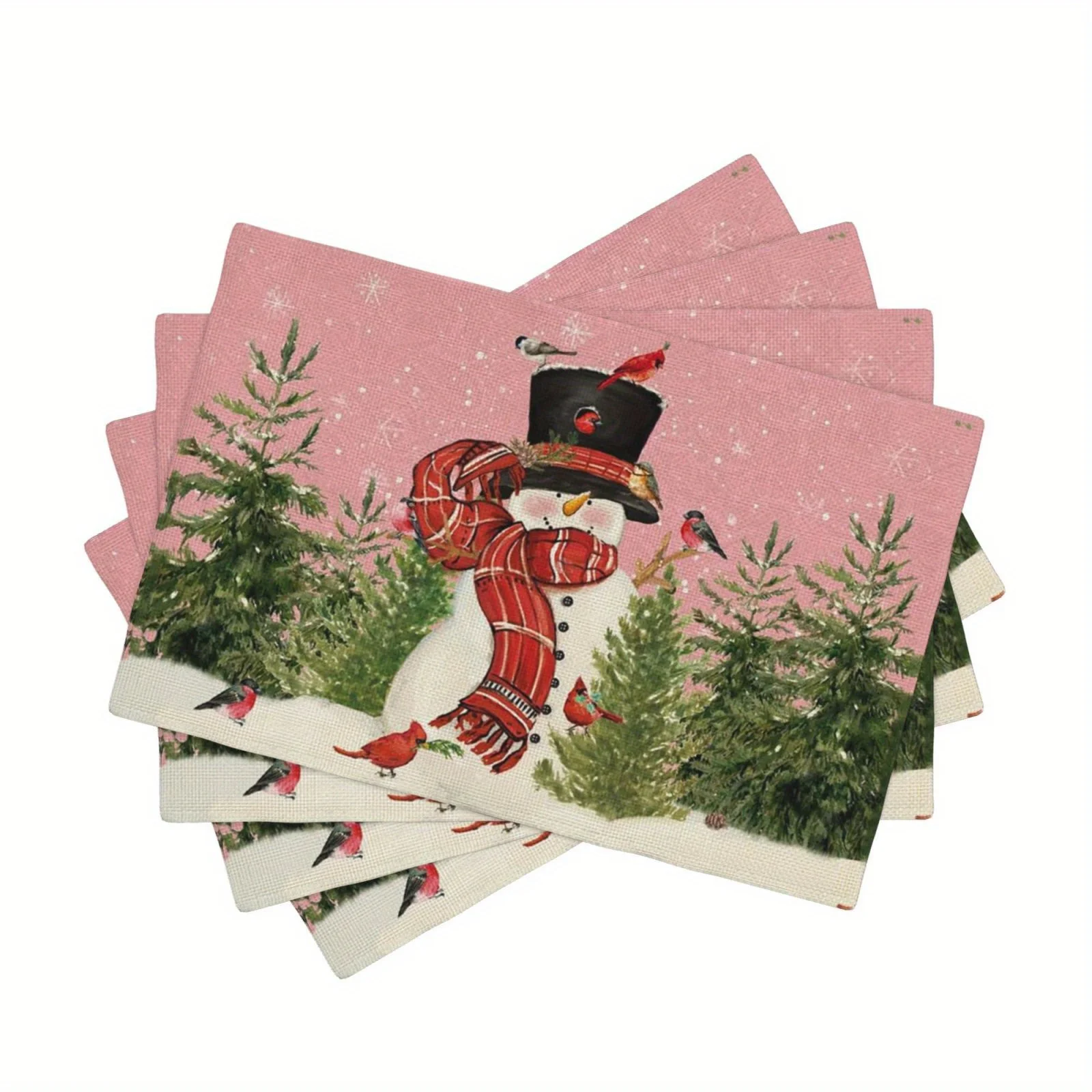 1pcs Pink Snowman Cardinals Trees Christmas Placemats ,Seasonal Winter Birds Xmas Holiday Rustic Vintage Washable Table Mats