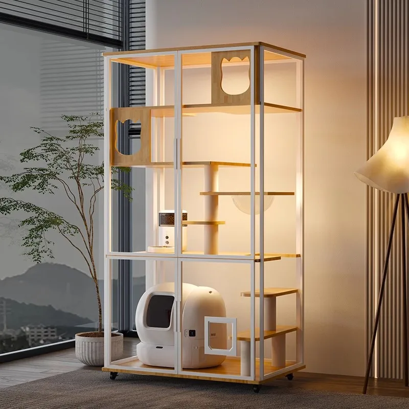 White Panoramic Cat Villa with Automatic Litter Box Space,Transparent Luxury Cat Cage House Cabinet for Indoor Use,Cat Enclosure