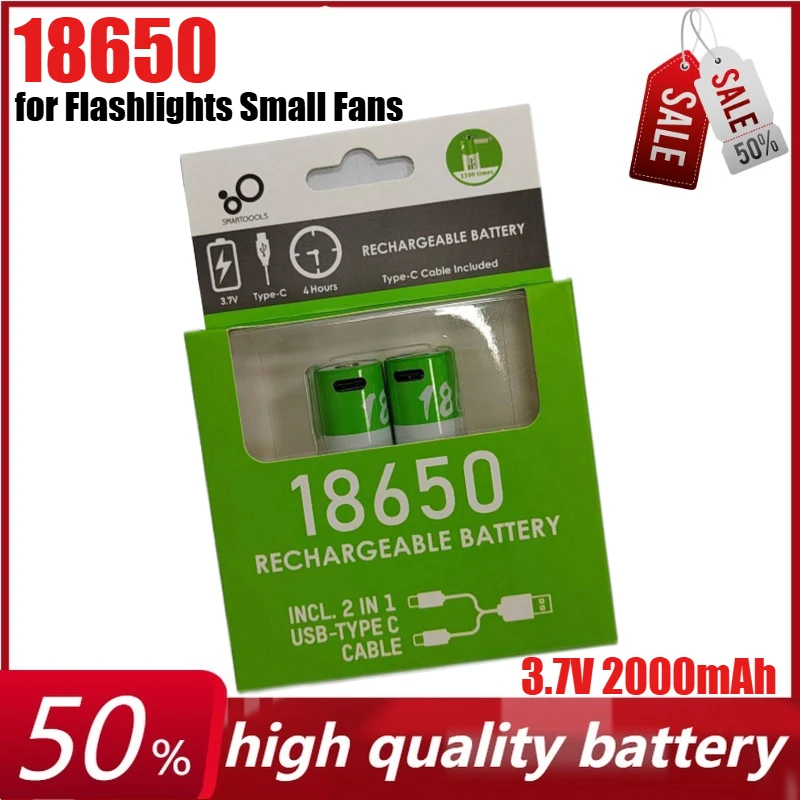 

3.7V 2000mAh 18650 Rechargeable Lithium Battery for Flashlights, Small Fans, and Aroma Diffusers + Type-C Charging Cable