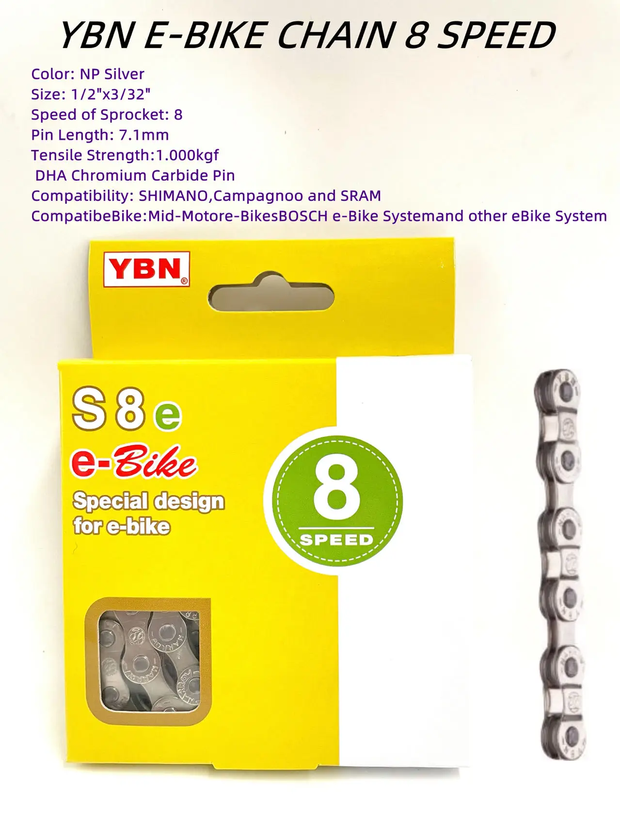 YBN E-Bike Chain 8 9 10 11 12 Speed Electric Sport Bicycle Chains 136 Links Anti-Rust Ebike Parts With Magic Buckle