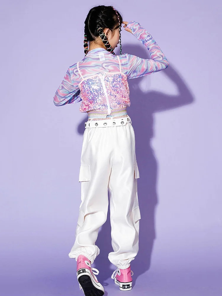 Mädchen Rosa Crop Top Pailletten Leibchen Jogger Hose Kind Hip Hop Kleidung Set Kind Street Dance Kostüm Mädchen Jazz Modern Dance Anzug