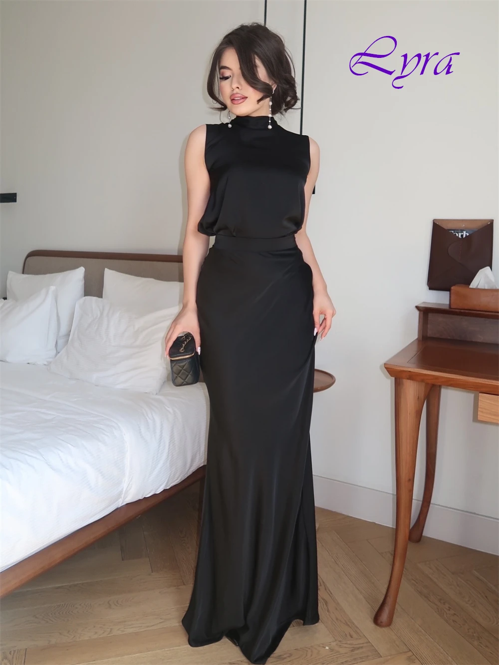 فستان سهرة أنيق مخصص برقبة دائرية وفساتين مناسبة خاصة من الساتان الرائعة وفساتين حفلات بدون أكمام