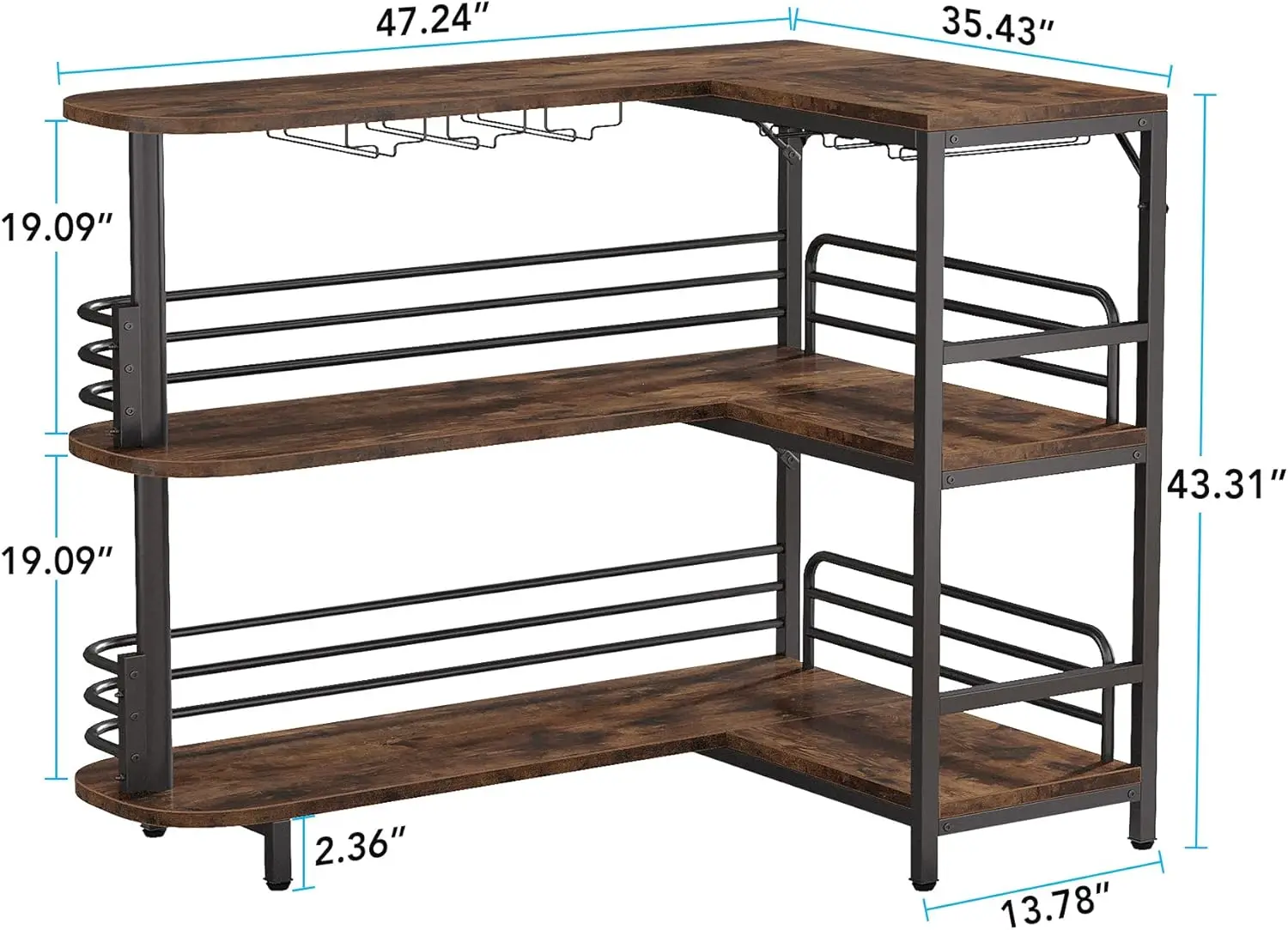 Tribesigns L-förmige Home-Bar-Einheit, 3-stufiger Likör-Bartisch mit Ablageflächen und Weingläserhalter, industrieller Eckwein