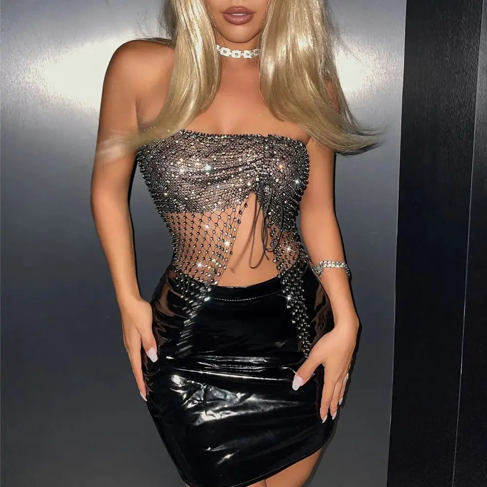 

Luxury Rhinestone Side Split Tube Tops For Women Sexy See Through Hollow Out Mesh Diamonds Tank Top Rave Nightclub Camisole