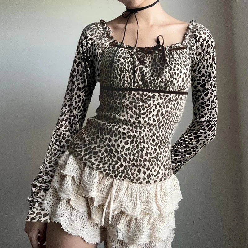 IAMHOTTY Y2K Leopard Print Top Women's Autumn Spring Lace-up Bow T-shirt Square Collar Long Sleeve Tees Coquette Aesthetic Women