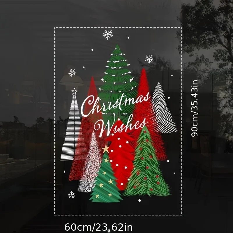Colour-printed Christmas Tree Glass Door Sticker Big Pine Needle Xmas Tree Static Cling Film Window Display Electrostatic Decal