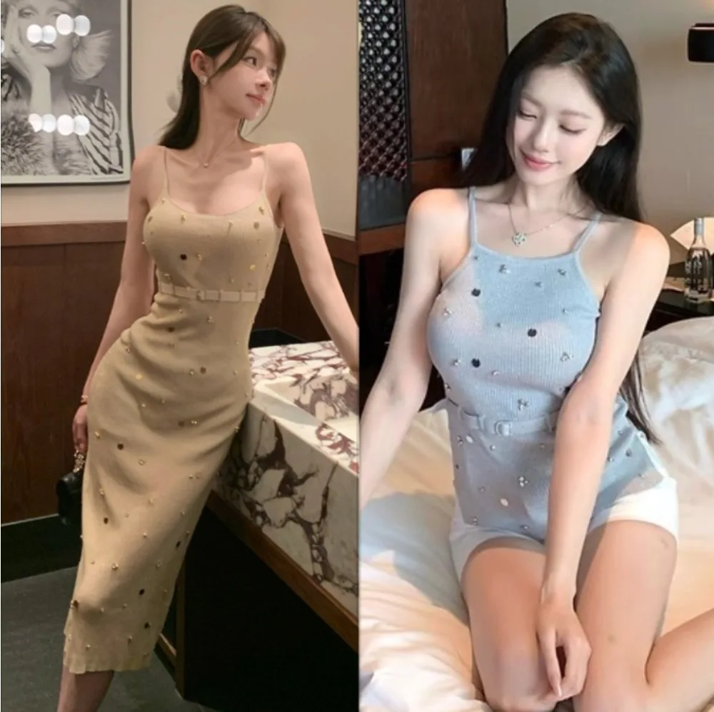 섹시한 롱 드레스 네일 비즈 장식 슬립 니트 드레스 + 캐미솔 슬링 탱크탑 2종 세트