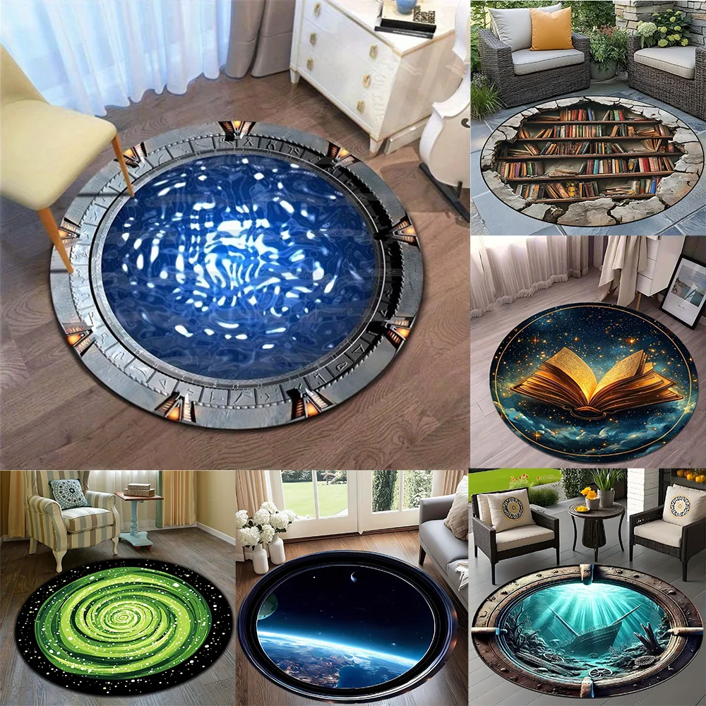 Image of 2D Interstellar Travel Stargate Print Runde Teppiche, Teppichbodenmatten, Polsterung für Spielzimmer, Wohnzimmer, Schlafzimmer, Gaming-Teppich