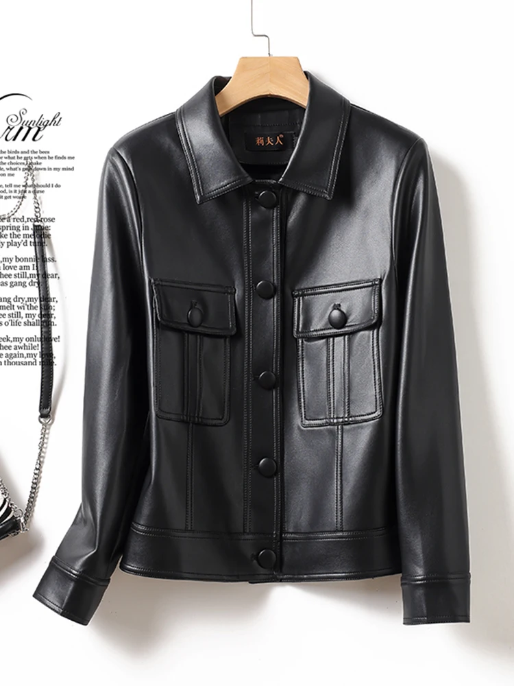가을 겨울 여성용 슬림핏 가죽 자켓 큰 사이즈 양가죽 코트 소형 아우터 통근 패션 캐주얼 디자인