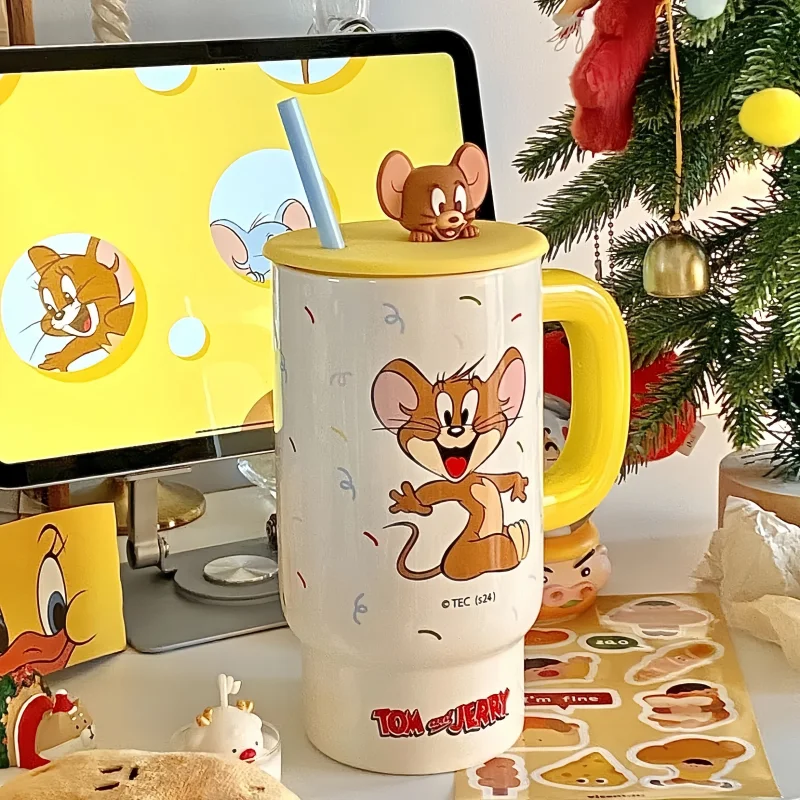 

850ml Tom And Jerry Ceramics Mug Anime Children Fashion Household High-Capacity Water Cup Girl Coffee Lid Milk Cup Holiday Gifts