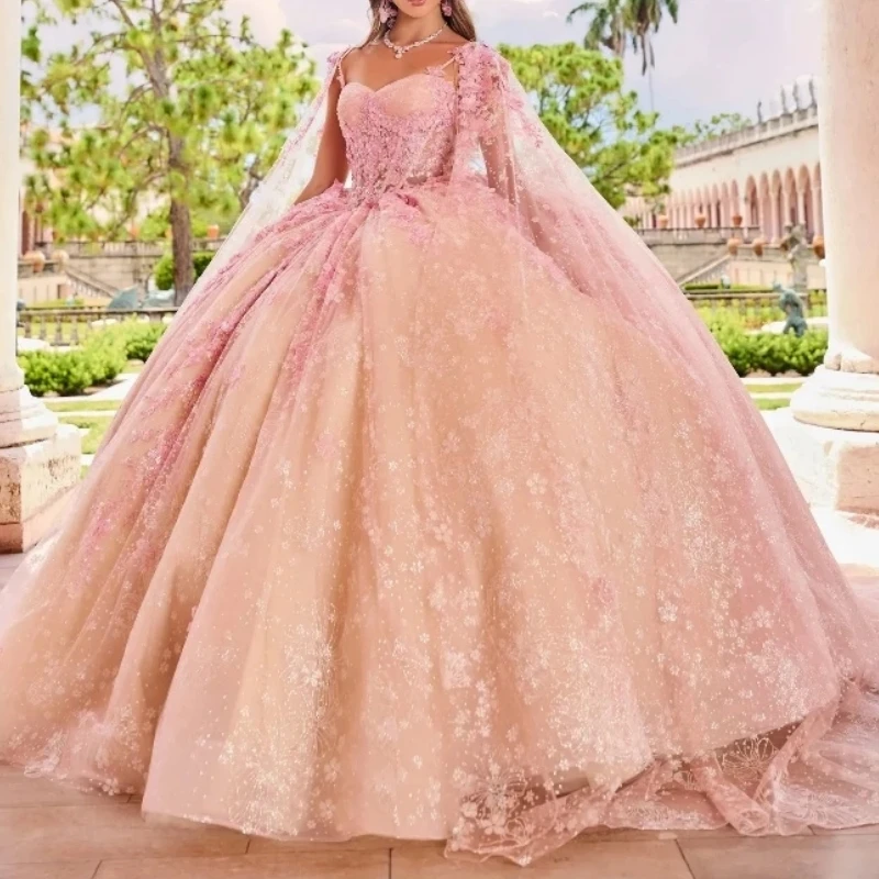 

Customized Princess Girl Quinceanera Dresses With Cape Flower Applique Women Prom Birthday Party Dress Wedding Occasion Wear