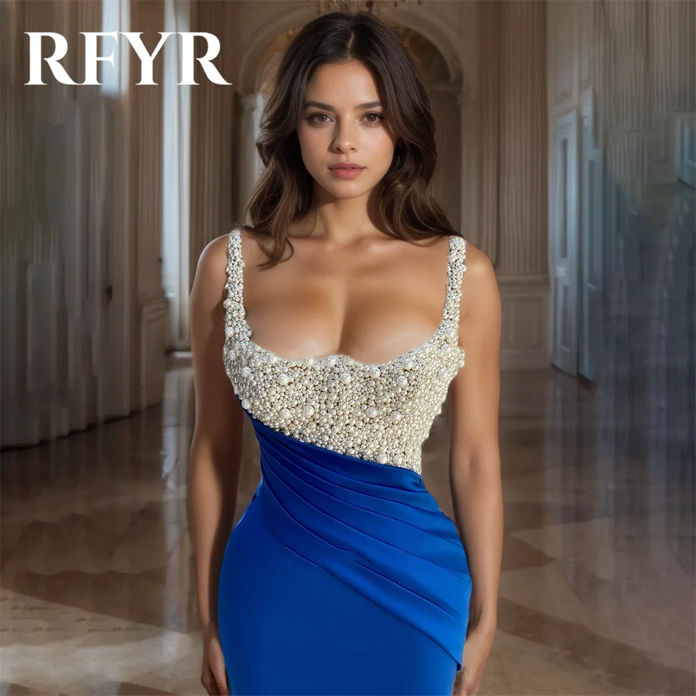 RFYR Navy Blue Elegant Beading Women Evening Dress Simple Sleeveless with Pleats Scoop Trumpet Prom Formal Gown Dress Customized