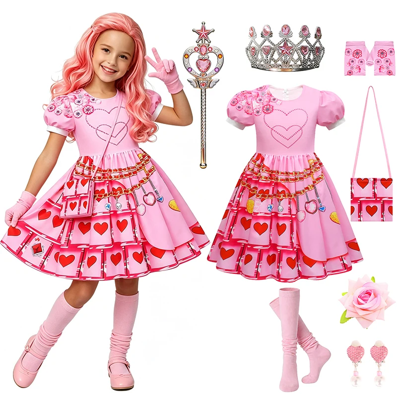 Fancy Girls Pink Heart Princess Dress Kids Halloween Cosplay Descendants Birthday Party Masquerade Carnival Children's Costume