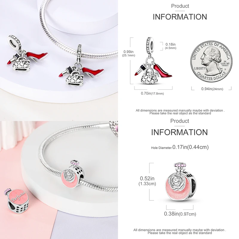925 Sterling Silber Mode-Charm-Perlen Parfüm High Heel Lippenstift Ballett Handtasche DIY Armband Halskette Geschenk für Frauen Mädchen – Detail 6