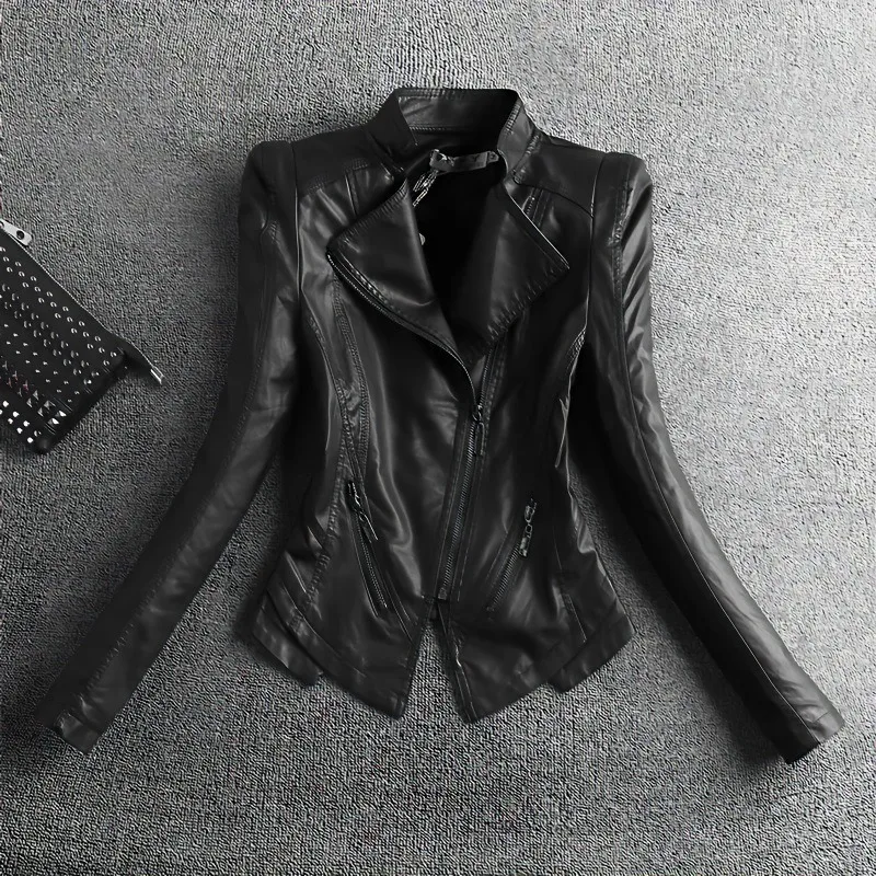 Spring Autumn New Casual Women Leather Jacket Lapels Long Sleeves Short Slimming Black PU Coat Zipper Pockets Women's Jackets