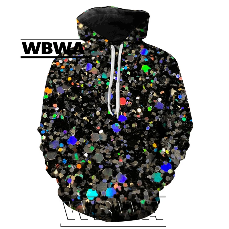 WBWA New Men T-shirt Sequin Glitter Printed 3D Hoodies Fashion Comfortable Sweatshirts Casual Hooded Pullover Oversized Tops