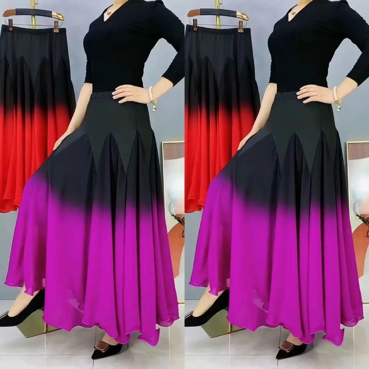 High Waisted Elastic Super Fairy Dance Half Skirt Gradient Square Modern Ballroom Dance Ethnic Dance A-line Mid Length Skirt