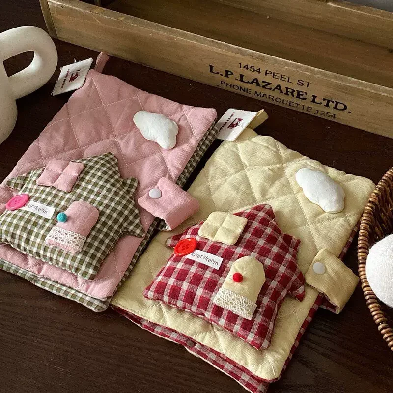 Handmade 3D House Shape Quilted Notebook Cover Cloud Plaid Fabric Book Sleeve for Journals
