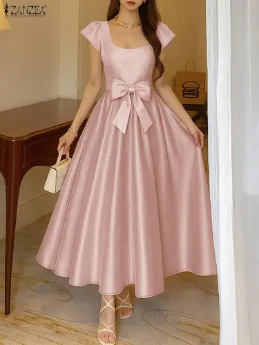 ZANZEA-Vestidos de fiesta elegantes de una línea, vestido largo de satén con estilo para mujer, vestido veraniego Maxi con cintura, Vestidos con cuello cuadrado para mujer 2025
