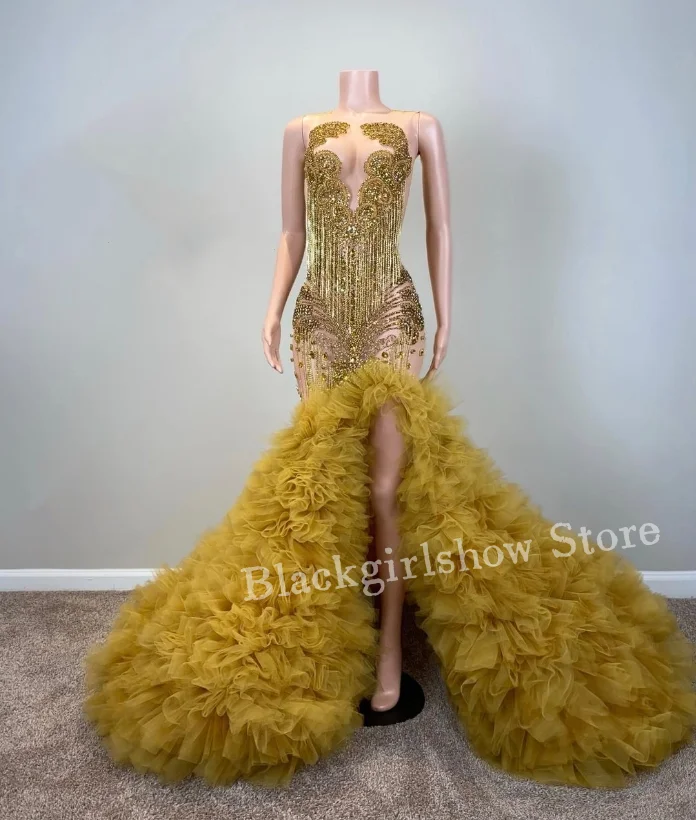 Luxury Gold Mermaid Prom Dress 2024 For Women Sexy Glitter Fringe Diamante Beaded Sexy Lace Split Evening Dress Vestido Festa