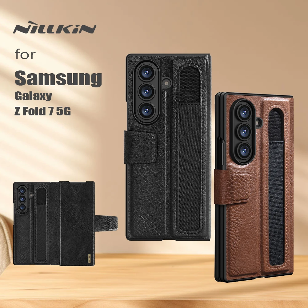 

Чехол Nillkin для Samsung Galaxy Z Fold 7 5G Aoge, роскошный кожаный флип-чехол с полным покрытием и подставкой для ручки, защитный чехол