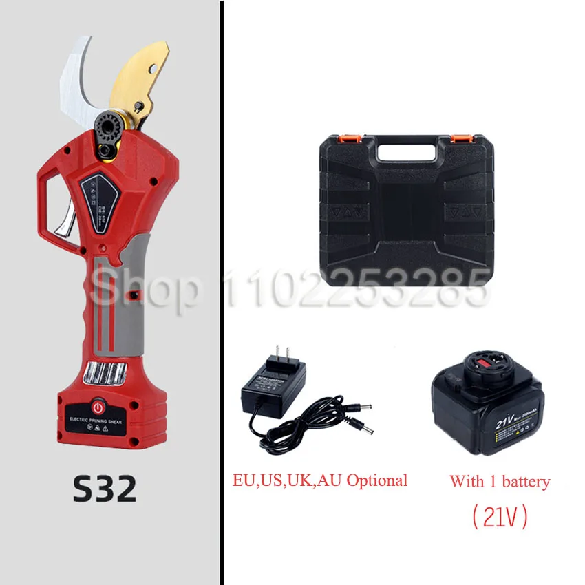 

21V Cordless Pruner Lithium-ion Pruning Shear Efficient scissors Bonsai Electric Tree Branches garden tools electric S32 32mm