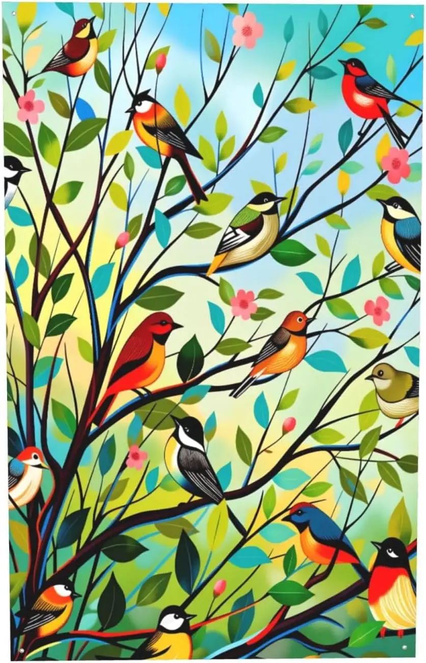 Spring Bird Tree Floral Banner Four Holes Flag Decorative Garden Flags Tapestry Printed Posters Home Decor 3x5 Ft IIC