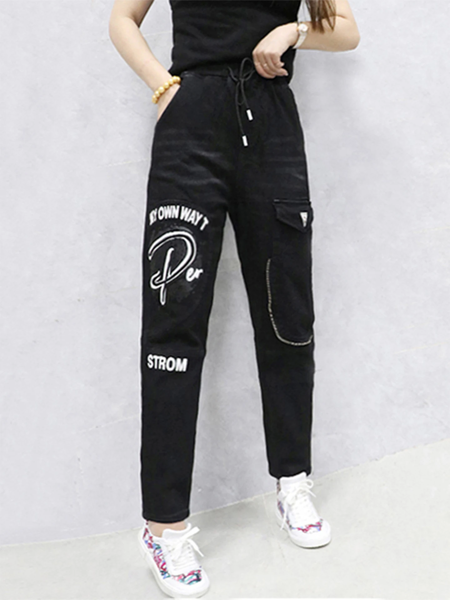 

High Quality Black Harlan Pants Women's Fashion Casual Elastic Waist Slim Fit Long Trousers Harlan Style Cotton Denim Pants