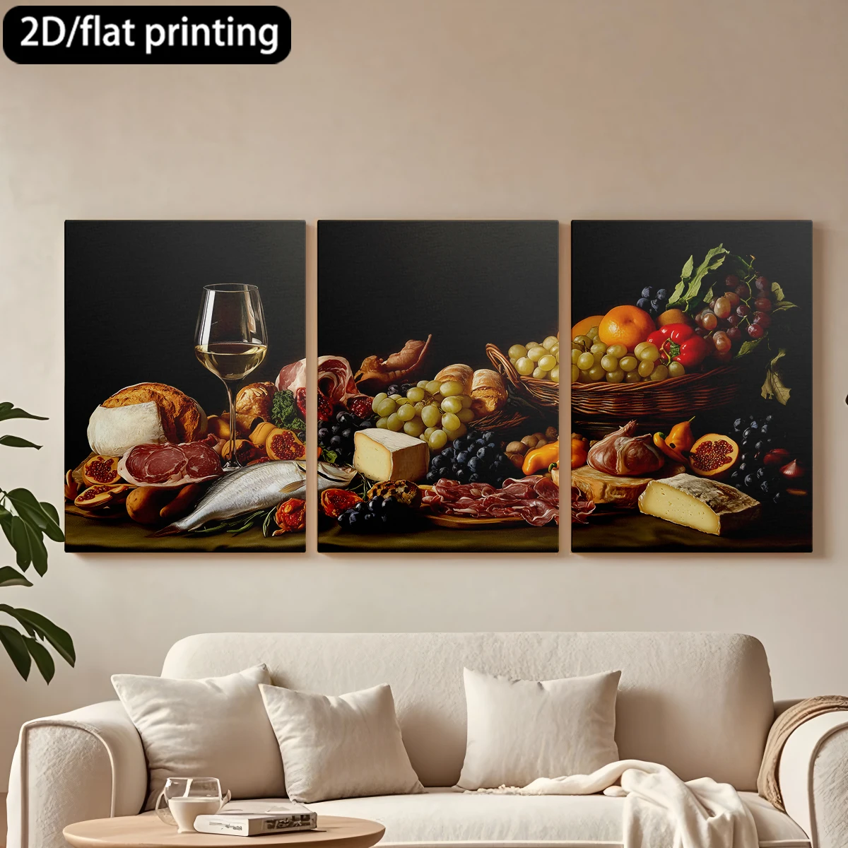 3pc wooden frame canvas decorative paintingExquisite gourmet delights, fruits, cheese.Corridor bedroom decoration