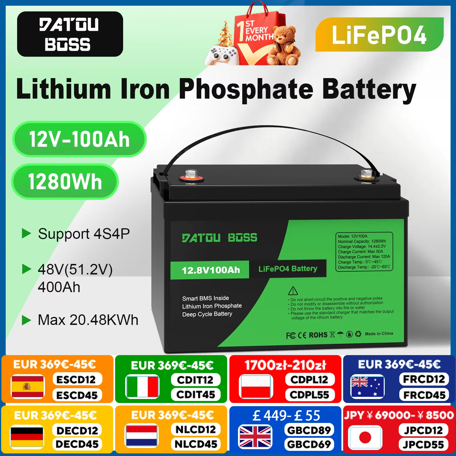 

DATOUBOSS 12V100Ah LiFePo4 Battery Pack Built-in BMS 1280W akumulator 12v Deep Cycle Solar Portable Rechargeable Power No VAT