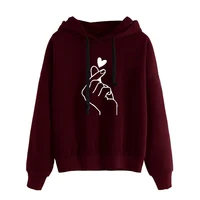 Autumn Fleece Hoodie Solid Color Finger Heart Hooded Korean Fashion Sweatshirts Long Sleeve Top Drawstring Pockets Loose Hoodies 5