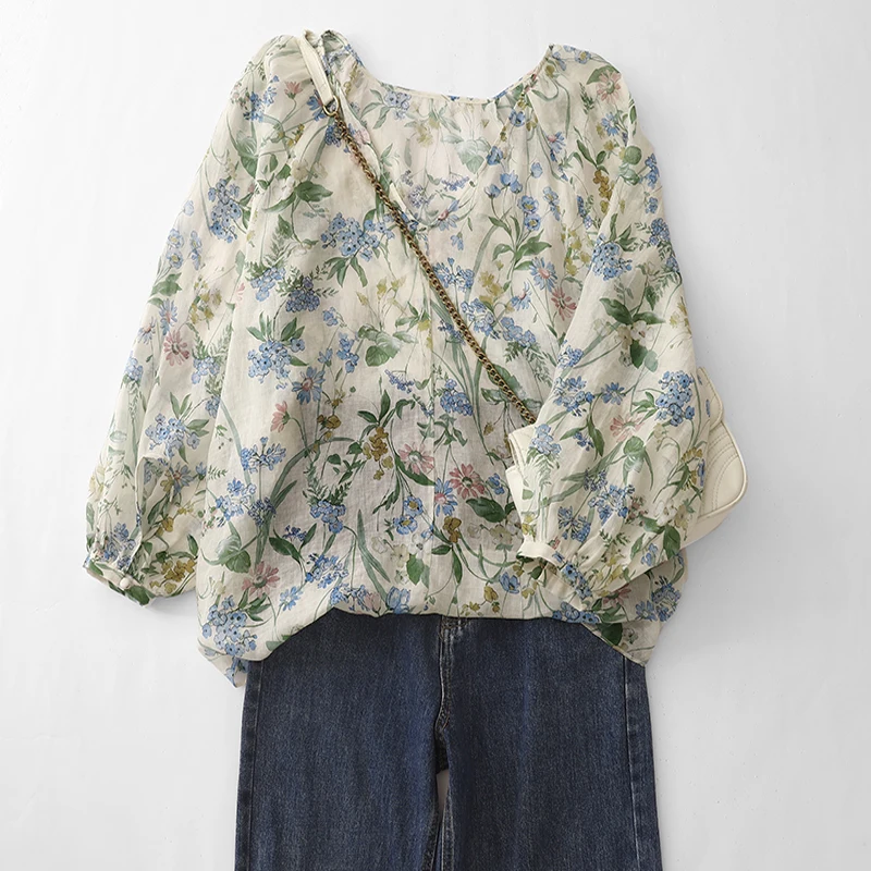 

Romantic Print Linen Shirt Women Early Autumn High-End Design Sense Small V-neck Sun Protection Linen Long Sleeve Top
