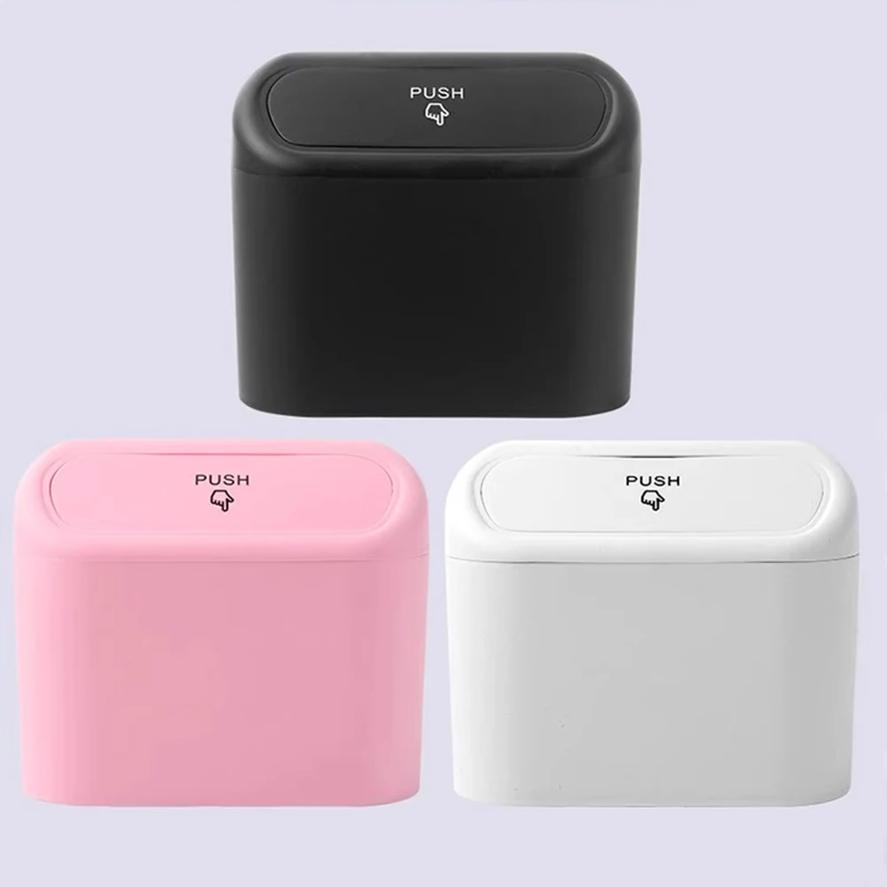 Hanging Car Dustbin Organizer with Lid Mini Push-On Side Door Trash Can ABS Square Pink Black White Car Interior Parts