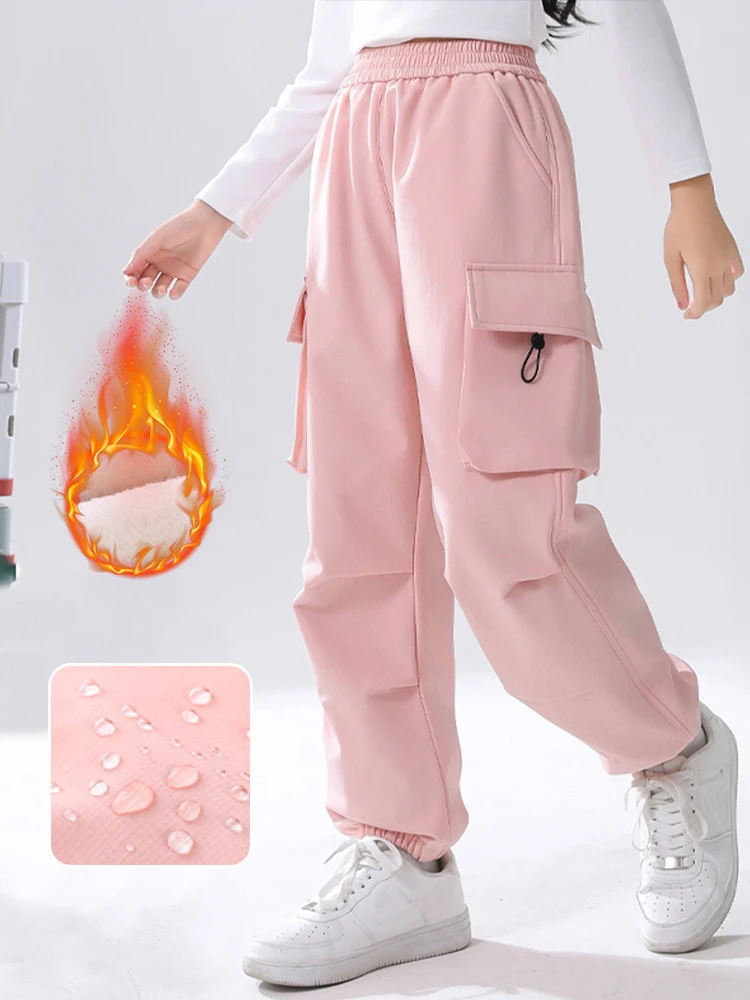 Children's Fleece Lined Work Trousers Autumn Winter Warm Long Pants Outdoor Cargo Pants Fashion Casual Trousers