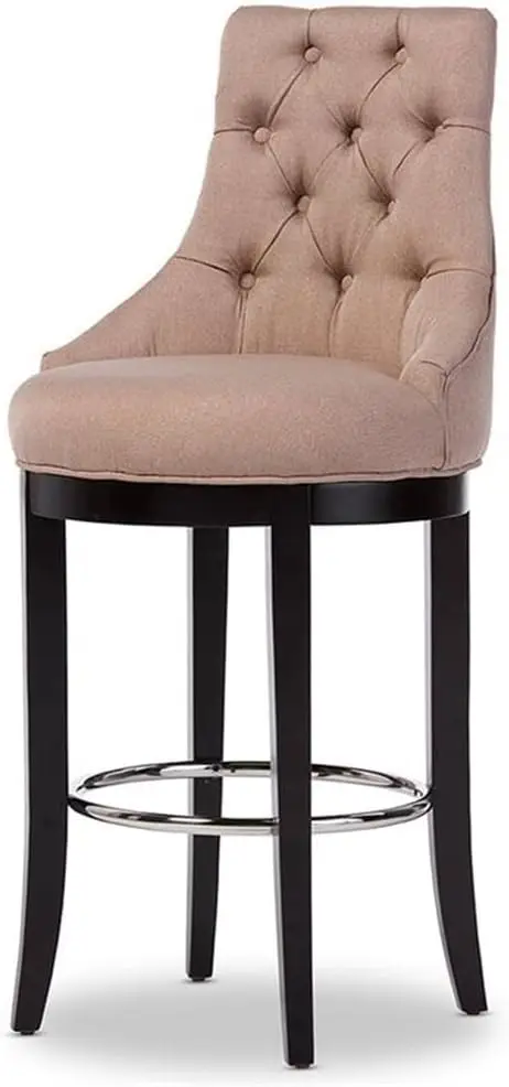 Wholesale Interiors Harmony Button-Tufted Fabric Upholstered Bar Stool With Metal Footrest, Beige