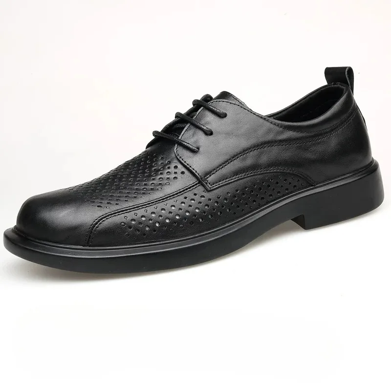 British Style Fashion Business Casual Leather Shoes Men's Summer Breathable Lace Up Derby Genuine Leather Office Dress Wedding