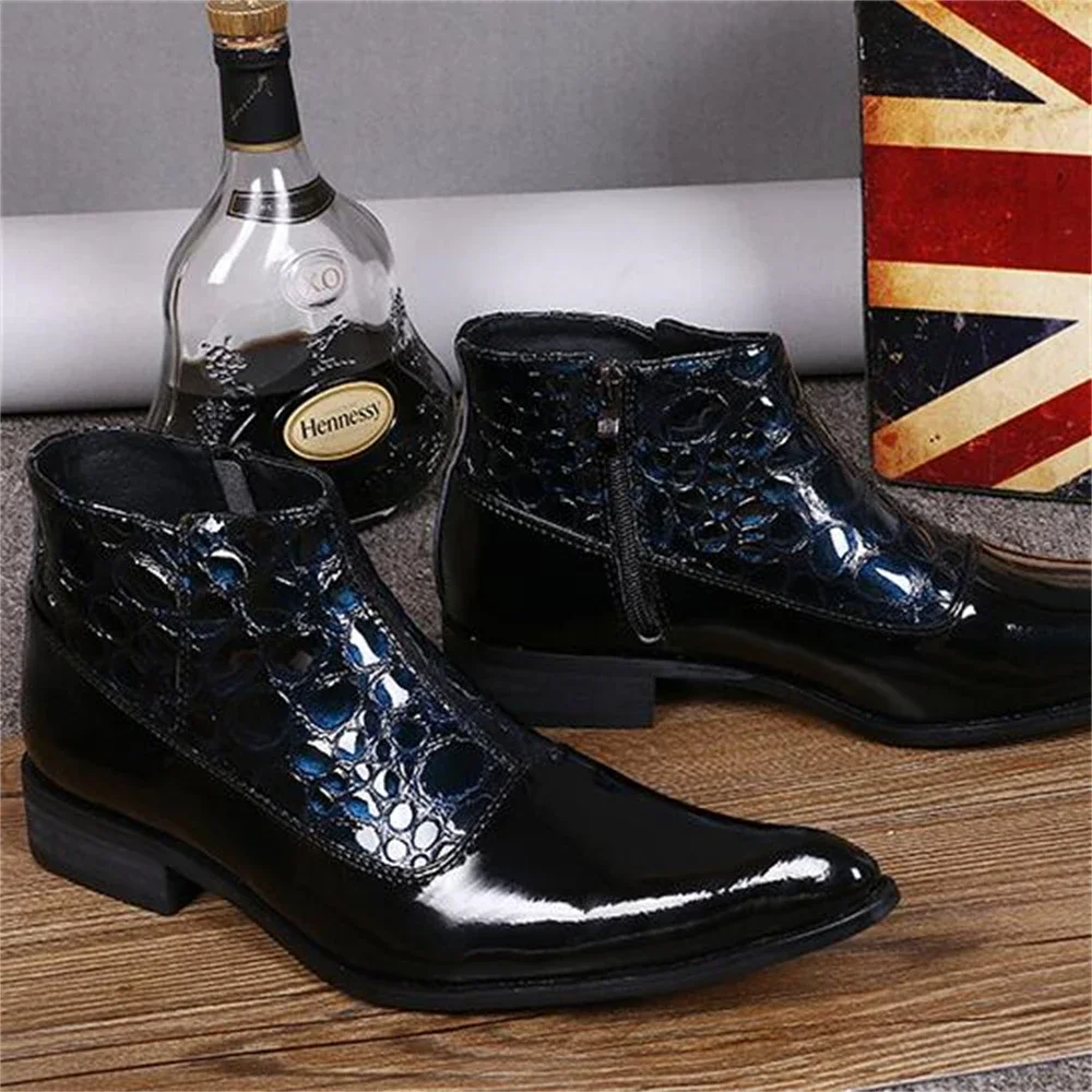 Shining Sequins Zipper Patent Leather High Heels Pointed Toe Boots Male Plus Size Fashion Party Business Wedding Dress Shoes