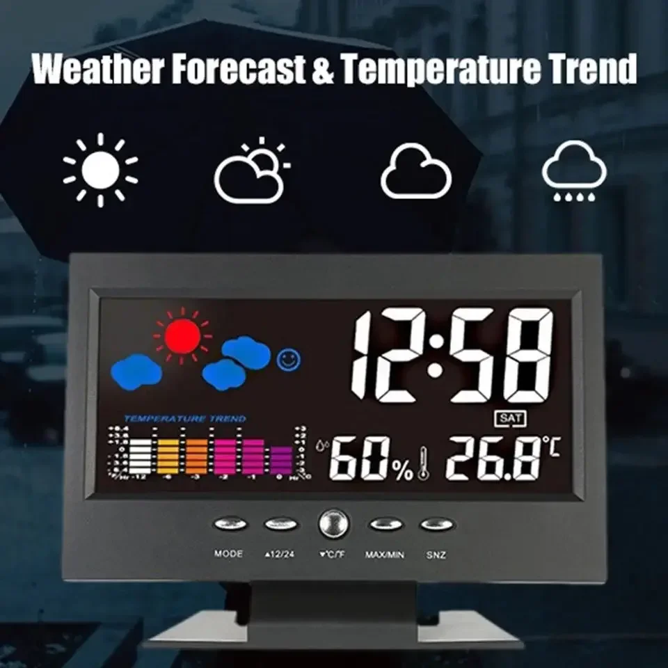 Led Digital Clock Thermometer Hygrometer Indoor Outdoor Color Screen Display Temperature Humidity Voice-activated Clock
